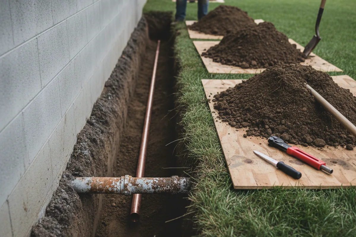 Excavated water line trench during Water Softener Installation in Nahant